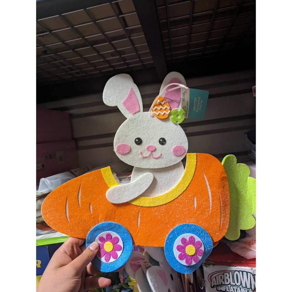 Bunny in Carrot Car 16.25in Felt Wall Hanging Decoration Way To Celebrate